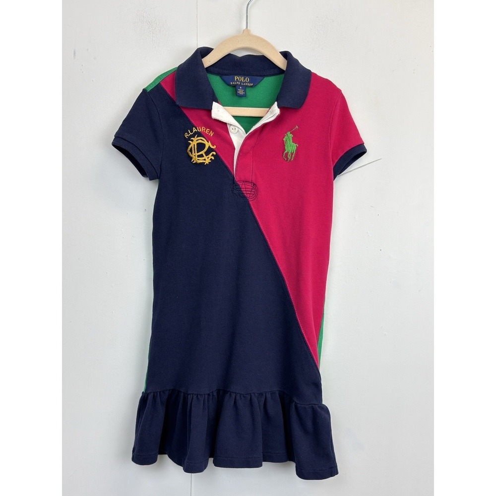 Polo Ralph Lauren Girls Size 6 Polo Dress Ruffle Hem BIG Pony Logo Colorblock